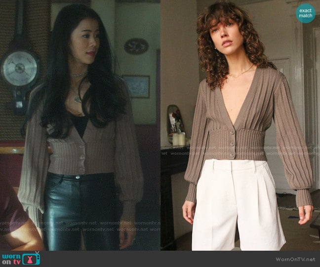 Wilfred Plunge Front Cardigan in Grey Taupe worn by George Fan (Leah Lewis) on Nancy Drew
