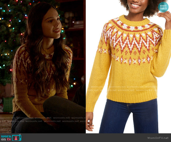 Hooked Up by IOT Fair Isle Crewneck Sweater in Butterscotch worn by Nini (Olivia Rodrigo) on High School Musical The Musical The Series