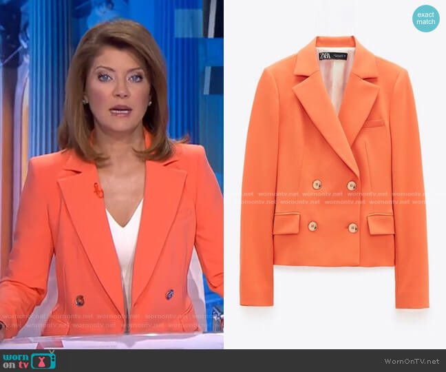 Zara Double Breasted Cropped Blazer worn by Norah O'Donnell on CBS Evening News