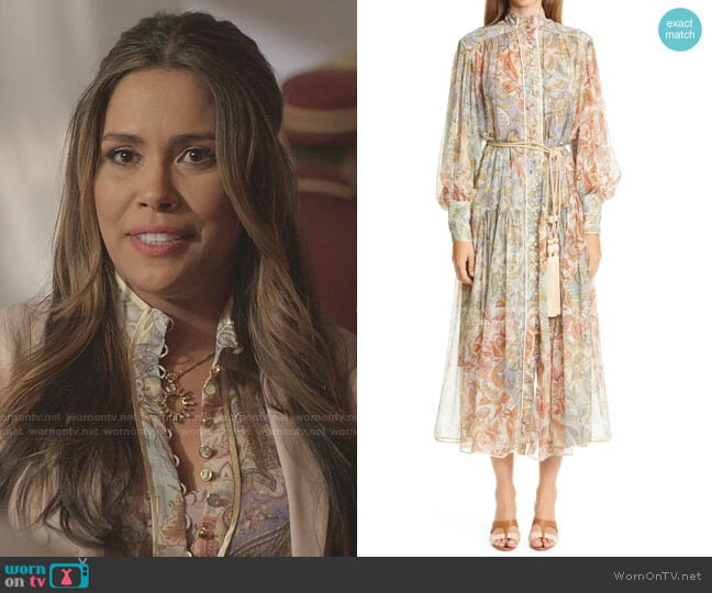 Zimmermann Lucky Bound Long Bishop Sleeve Silk Dress worn by Cristal Jennings (Daniella Alonso) on Dynasty