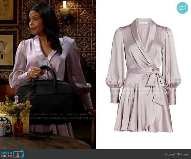 Zimmermann Wild Botanica Silk Wrap Mini Dress in Lavender worn by Amanda Sinclair (Karla Mosley) on The Young and the Restless