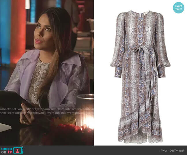 Zimmermann Snakeskin-Print Wrap Dress worn by Cristal Jennings (Daniella Alonso) on Dynasty