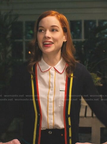 Zoey’s white shirt with multicolor piping on Zoeys Extraordinary Playlist
