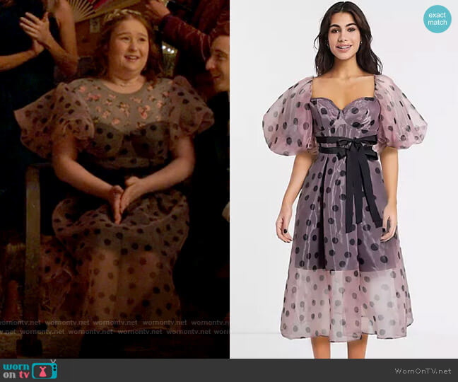 ASOS DESIGN Organza Overlay Puff Sleeve Midi Prom Dress in Polka Dot worn by Ashlyn (Julia Lester) on High School Musical The Musical The Series