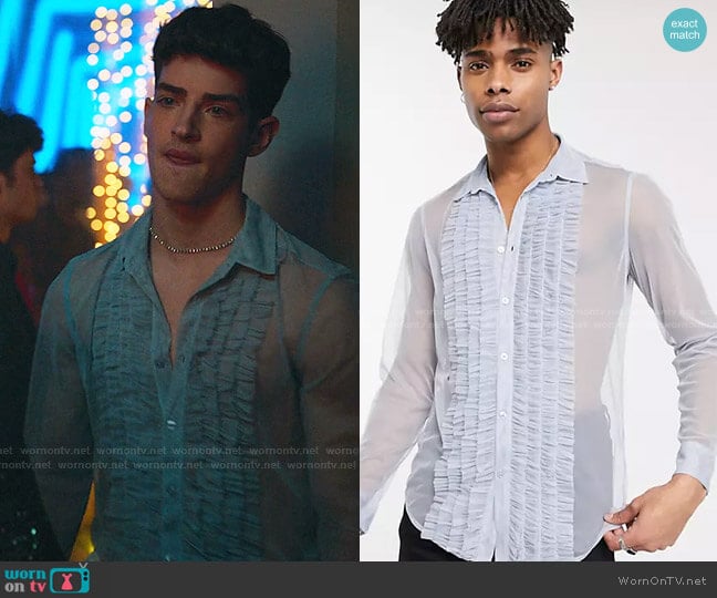 Regular Fit Ruffle Front Mesh Shirt in Light Blue worn by Patrick Blanco (Manu Rios) on Elite