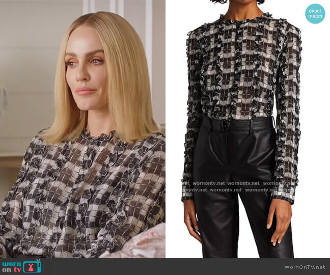 Akris Punto Printed Ruffle Blouse worn by Laura Baker (Monet Mazur) on All American