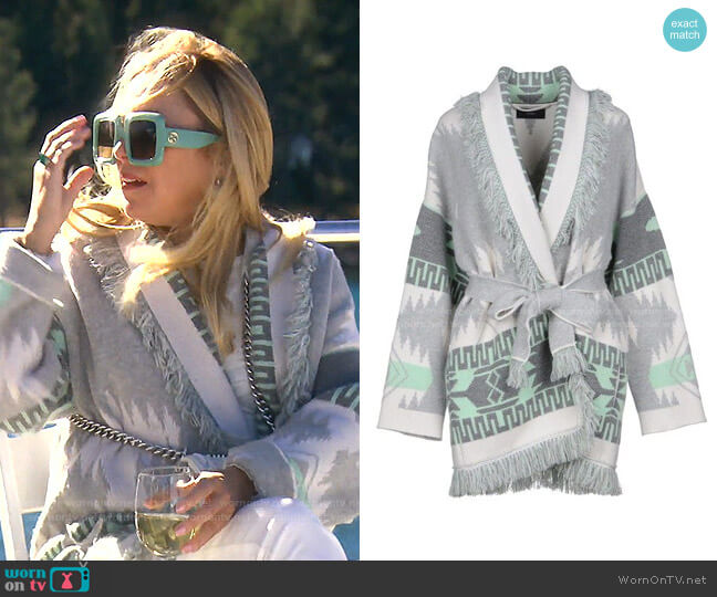 Alanui Fringed Jacquard-Knit Cashmered Cardigan worn by Sutton Stracke on The Real Housewives of Beverly Hills