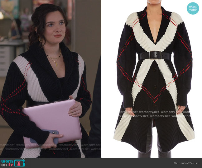 Alexander McQueen Argyle Intarsia Knit Wool-Cashmere Cardigan worn by Jane Sloan (Katie Stevens) on The Bold Type