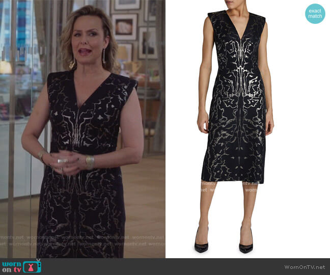 Alexander McQueen V-Neck Brocade-Print Sheath Dress worn by Jacqueline (Melora Hardin) on The Bold Type