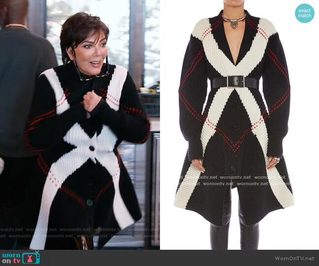 Alexander McQueen Argyle Intarsia Knit Wool-Cashmere Cardigan worn by Kris Jenner on Keeping Up with the Kardashians