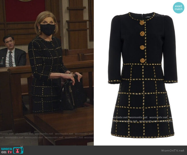 Andrew Gn Button-Embellished Check-Detailed Crepe Mini Dress worn by Diane Lockhart (Christine Baranski) on The Good Fight