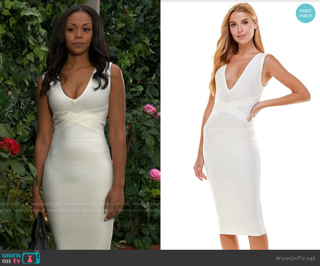 Bebe Classic Bandage V-Neck Midi Dress in Ivory worn by Amanda Sinclair (Mishael Morgan) on The Young and the Restless