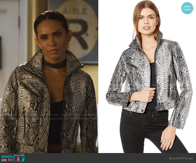 Blank NYC Faux Snakeskin Moto Jacket in Anaconda worn by Mazikeen (Lesley-Ann Brandt) on Lucifer