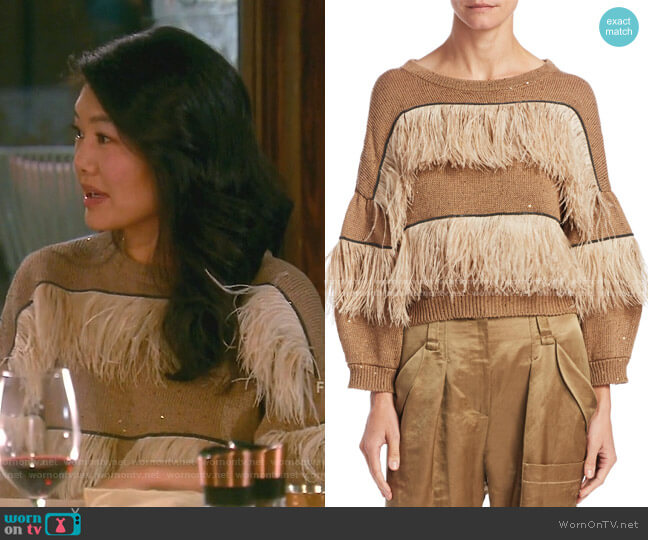 Brunello Cucinelli Feather Trimmed Crew Sweater worn by Crystal Kung Minkoff on The Real Housewives of Beverly Hills