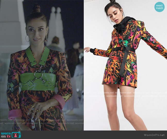 Collusion from ASOS Flame Print Blazer Dress with Waist Belt worn by Rebeca (Claudia Salas) on Elite