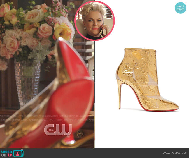 Christian Louboutin Booty Cap 100 Creased-Foil Perspex Ankle Boots worn by Alexis Carrington (Elaine Hendrix) on Dynasty