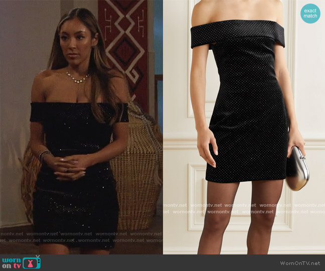Christopher Kane Off-the-shoulder glittered velvet mini dress worn by Tayshia Adams on The Bachelorette