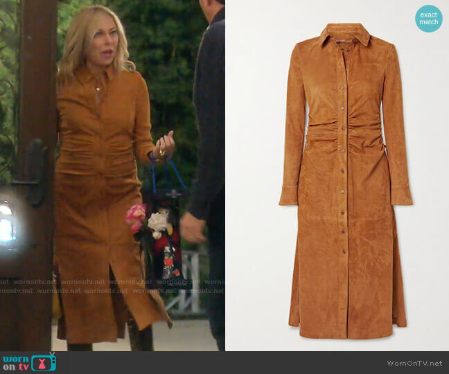 Altuzarra Claudia Ruched Suede Midi Shirt Dress worn by Sutton Stracke on The Real Housewives of Beverly Hills