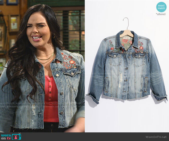 Driftwood Pinstripe Denim Trucker Jacket worn by Lou Hockhauser (Miranda May) on Bunkd