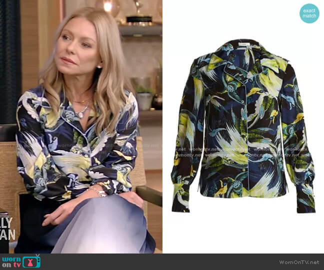 Erdem Fae Night Bird-print Shirt worn by Kelly Ripa on Live with Kelly and Mark