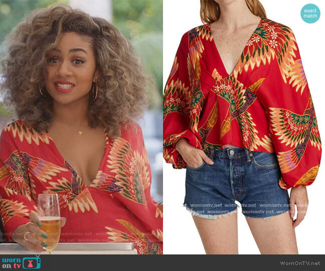 Farm Rio Toucan Bell-Sleeve Blouse worn by Patience (Chelsea Tavares) on All American