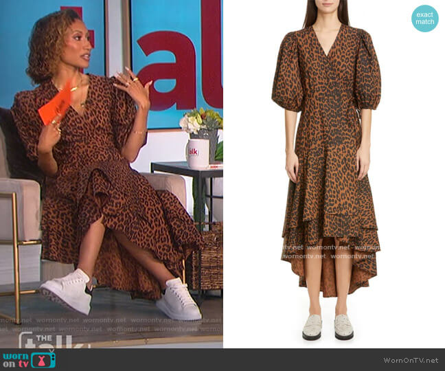 Ganni Puff Sleeve Organic Cotton High/Low Wrap Dress worn by Elaine Welteroth on The Talk