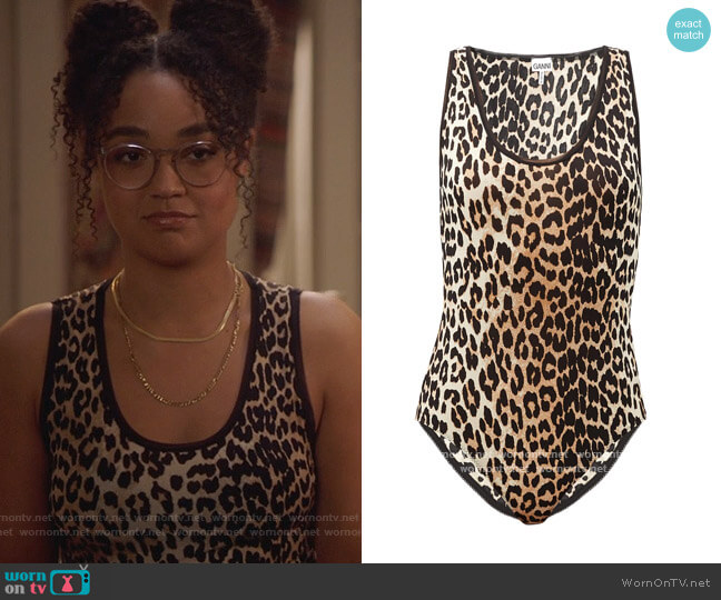 Ganni Sleeveless leopard-print jersey bodysuit worn by Kat Edison (Aisha Dee) on The Bold Type