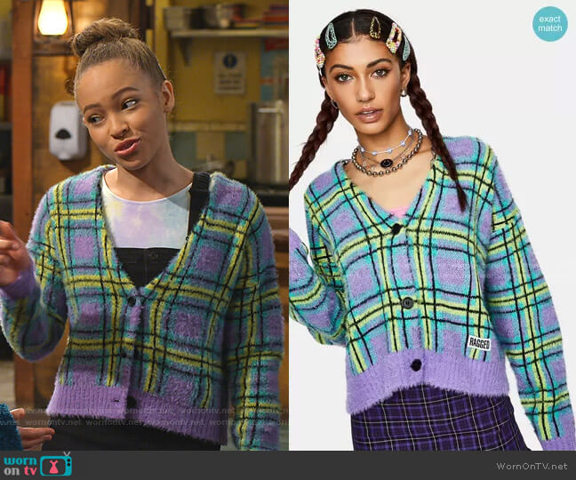 The Ragged Priest Goof Fuzzy Plaid Cardigan worn by Ava (Shelby Simmons) on Bunkd