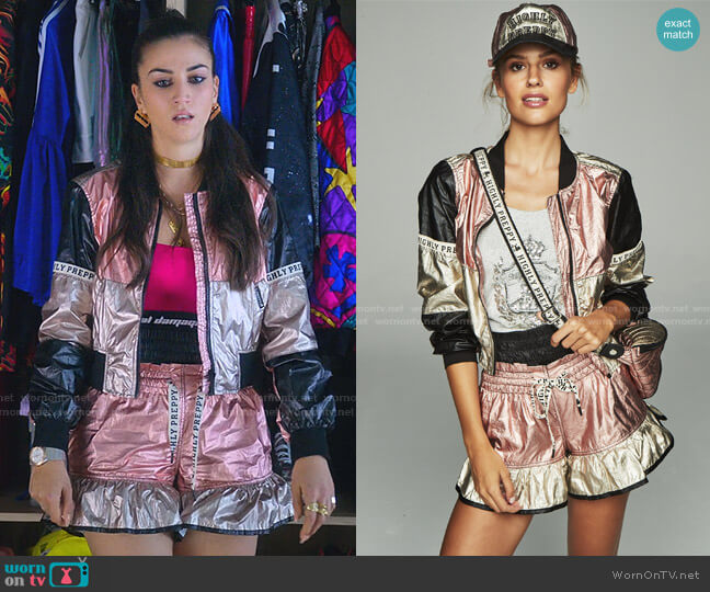 Highly Preppy Metallic Bomber Jacket worn by Rebeca (Claudia Salas) on Elite