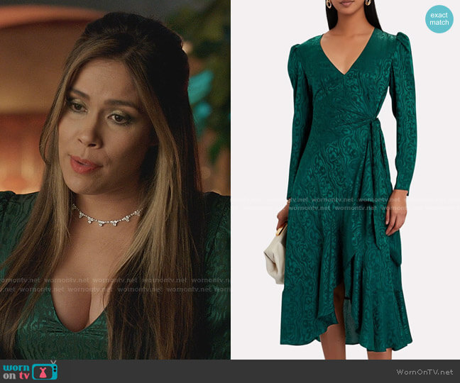 Intermix Birdie Moiré Midi Wrap Dress worn by Cristal Jennings (Daniella Alonso) on Dynasty