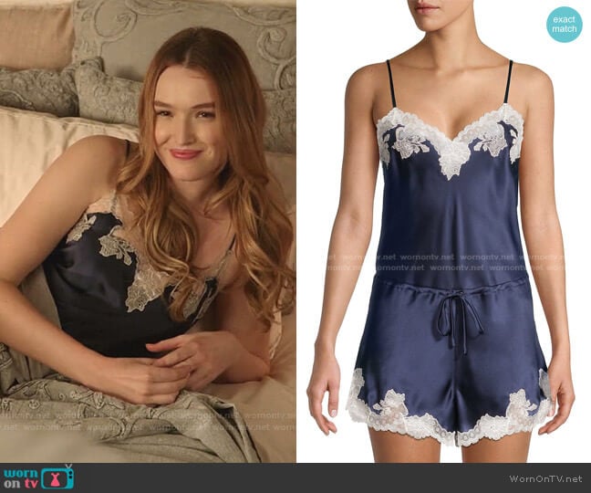 Josie Natori Lolita Lace-Trimmed Silk Romper worn by Kirby Anders (Maddison Brown) on Dynasty