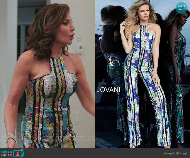 Jovani 1194 Multi Color Sequin Sleeveless Jumpsuit worn by Luann de Lesseps on The Real Housewives of New York City