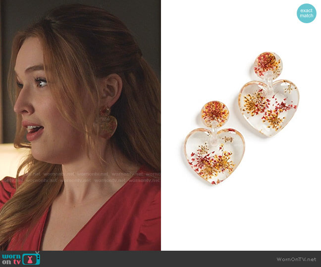 Lele Sadoughi Dried Floral Heart Earrings worn by Kirby Anders (Maddison Brown) on Dynasty