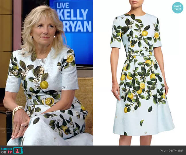Oscar de la Renta Lemon Print Belted Midi Dress
