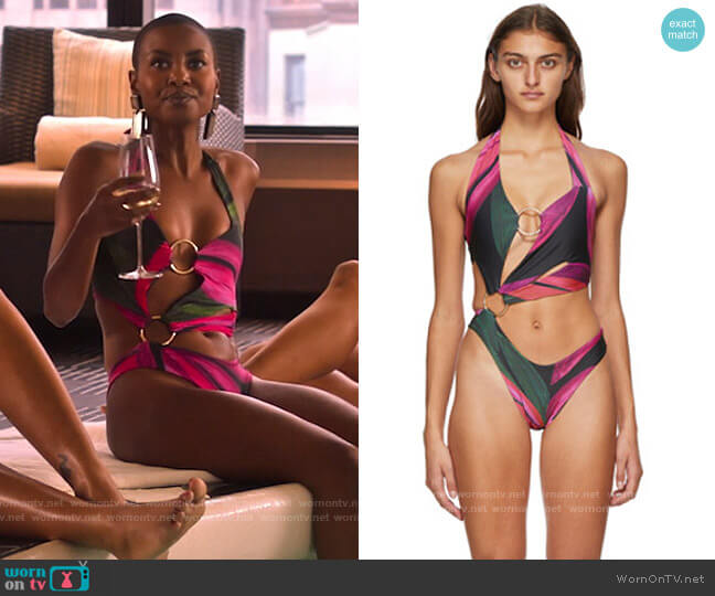 Louisa Ballou Pink Sex Wax Swimsuit worn by Ella McFair (Andrea Bordeaux) on Run the World