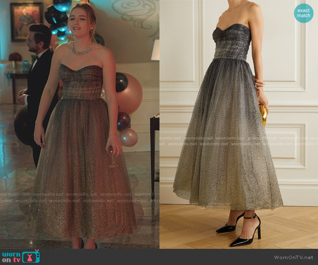 Monique Lhuillier Brie Strapless Glittered Tulle Gown worn by Kirby Anders (Maddison Brown) on Dynasty
