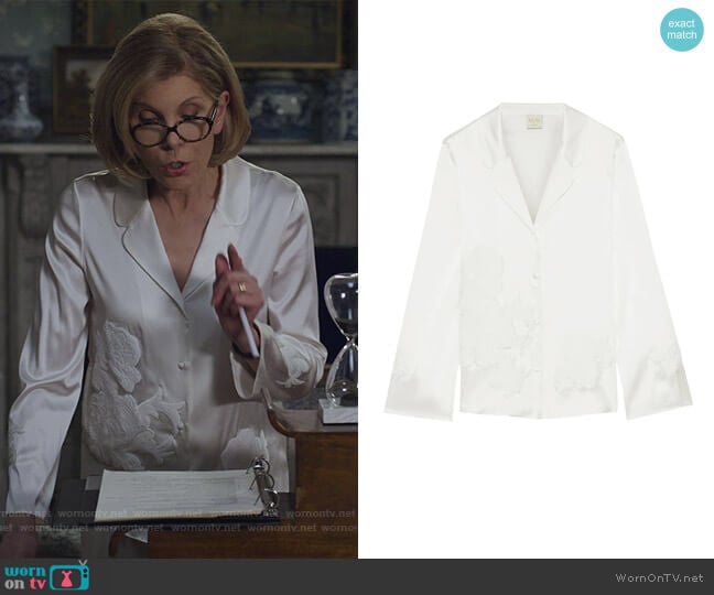 Myla Primrose Hill appliqued stretch-silk satin pajama shirt worn by Diane Lockhart (Christine Baranski) on The Good Fight