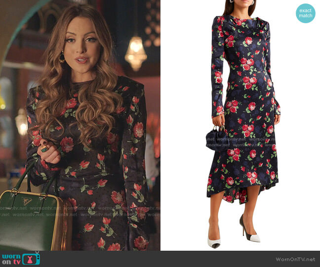 Magda Butrym Crotone floral print midi dress worn by Fallon Carrington (Elizabeth Gillies) on Dynasty