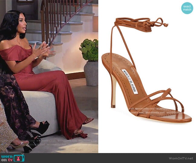 Manolo Blahnik Leva Metallic Strappy Ankle-Wrap Sandals worn by Kim Kardashian on Keeping Up with the Kardashians