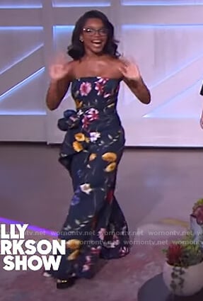 Marsai Martin’s black floral sleeveless drape top on The Kelly Clarkson Show