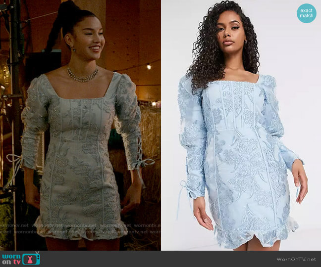 Missguided Puff Sleeve Milkmaid Mini Dress worn by Gina (Sofia Wylie) on High School Musical The Musical The Series