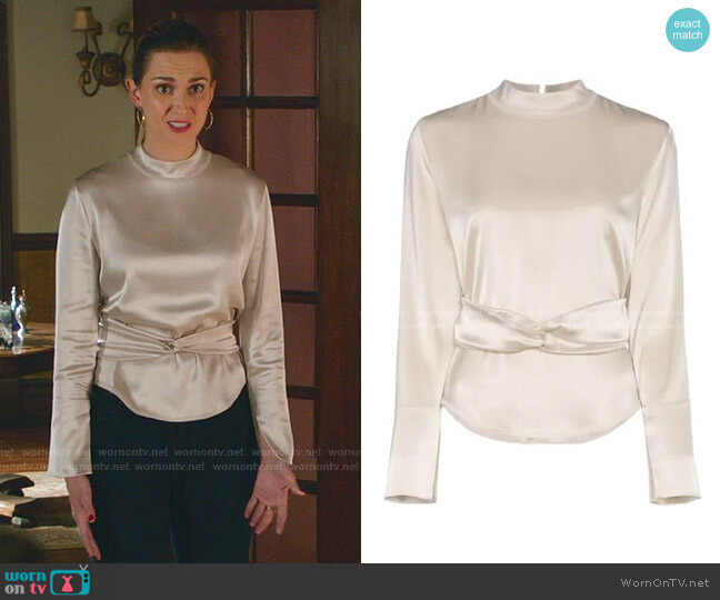Nanushka Almond Belted Satin Blouse worn by Joy Harper (Katherine Barrell) on Good Witch
