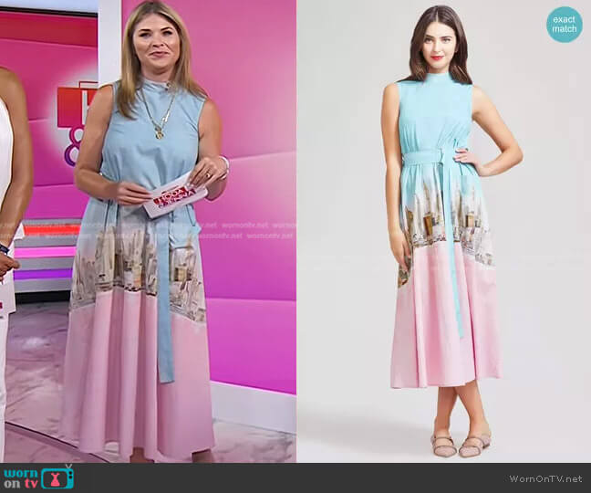 Lela Rose New York City Printed Poplin Belted High Neck Dress worn by Jenna Bush Hager on Today