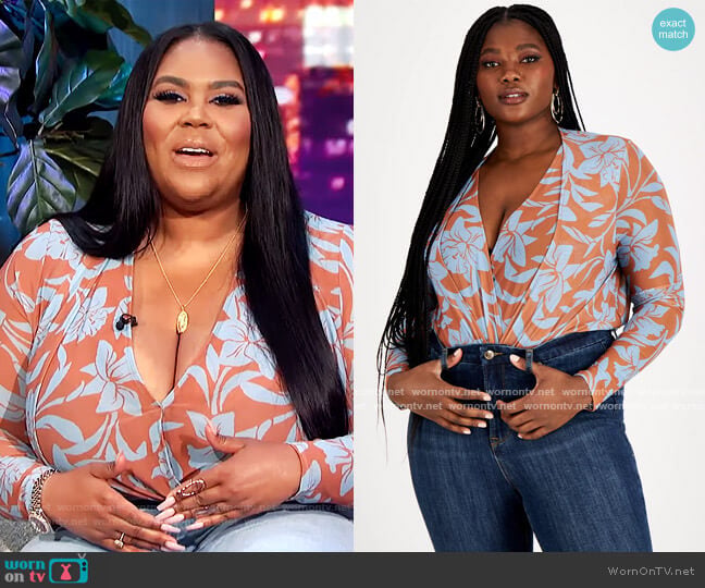 Nina Parker Trendy Plus Size Printed Mesh Bodysuit worn by Nina Parker on E! News