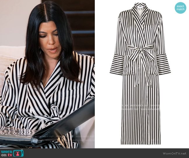 Olivia von Halle Capability striped silk dressing robe worn by Kourtney Kardashian on Keeping Up with the Kardashians