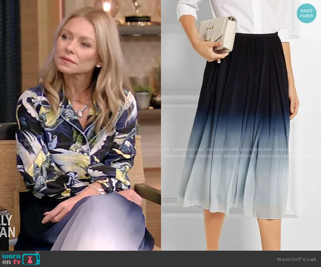 Burberry Ombré Silk-Chiffon Midi Skirt worn by Kelly Ripa on Live with Kelly and Mark