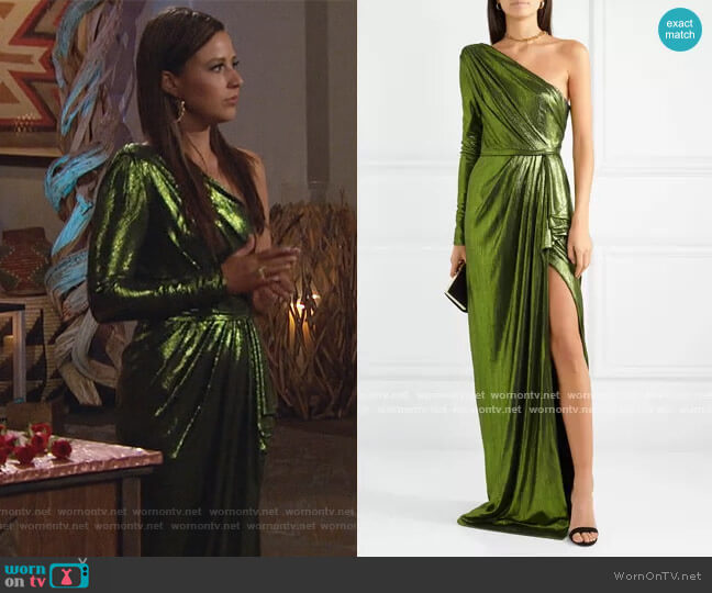 Ong-Oaj Pairam Eris one-sleeve draped lamé gown worn by Katie Thurston on The Bachelorette