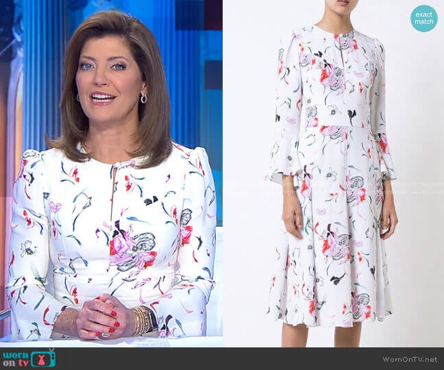 Prabal Gurung Pleated Skirt Floral Dress worn by Norah O'Donnell on CBS Evening News