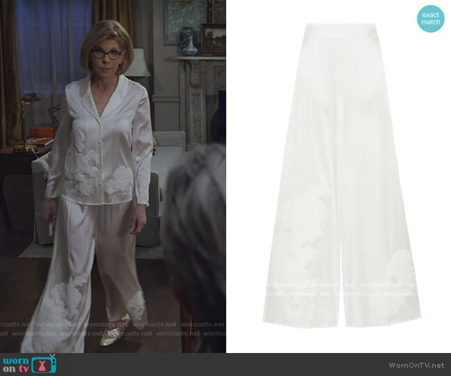 Myla Primrose Hill appliqued stretch-silk satin pajama pants worn by Diane Lockhart (Christine Baranski) on The Good Fight