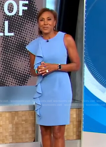 Robin’s blue ruffled sheath dress on Good Morning America